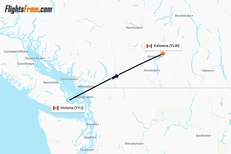 Flights from Victoria to Kelowna route map