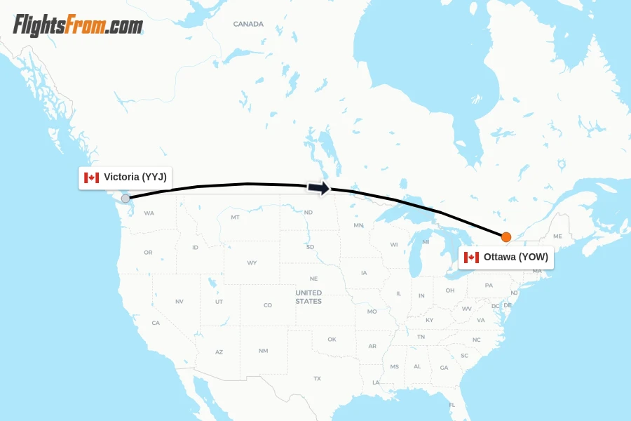 Flights from Victoria to Ottawa route map
