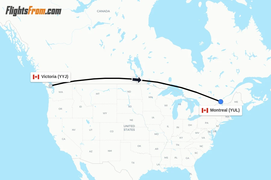 Flights from Victoria to Montreal route map