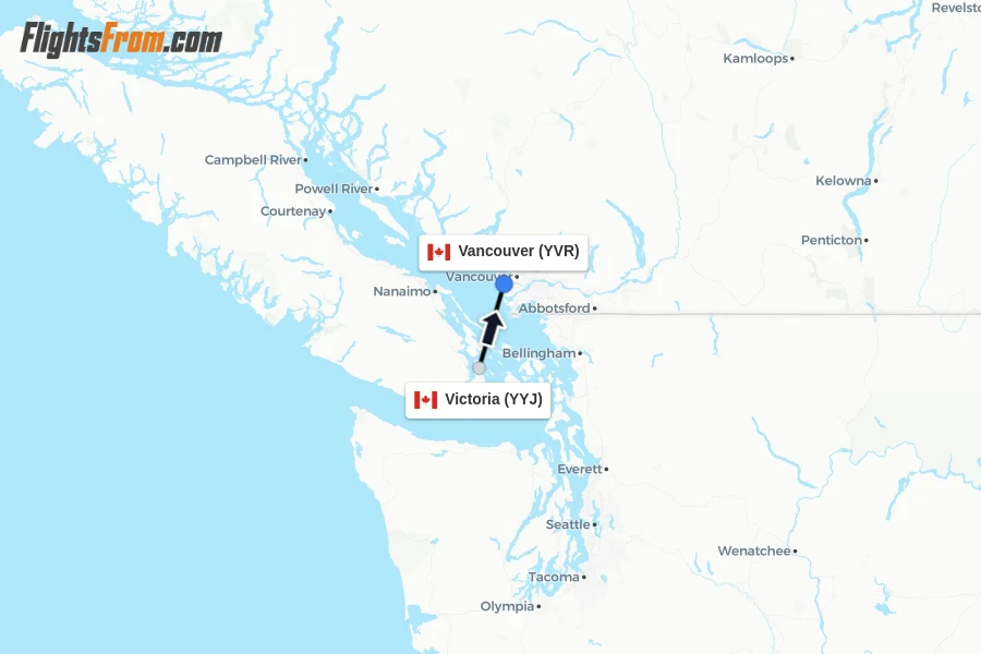 Flights from Victoria to Vancouver route map