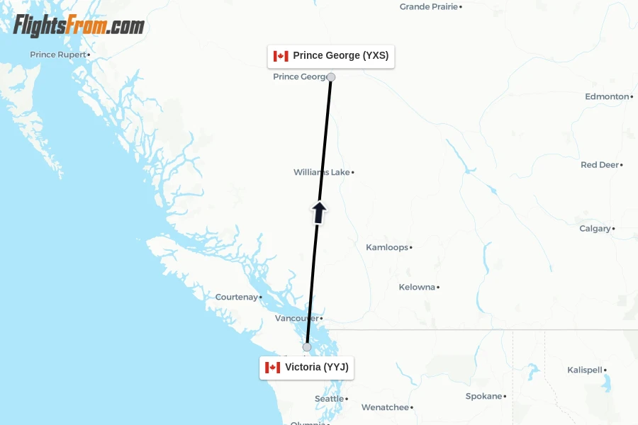 Flights from Victoria to Prince George route map