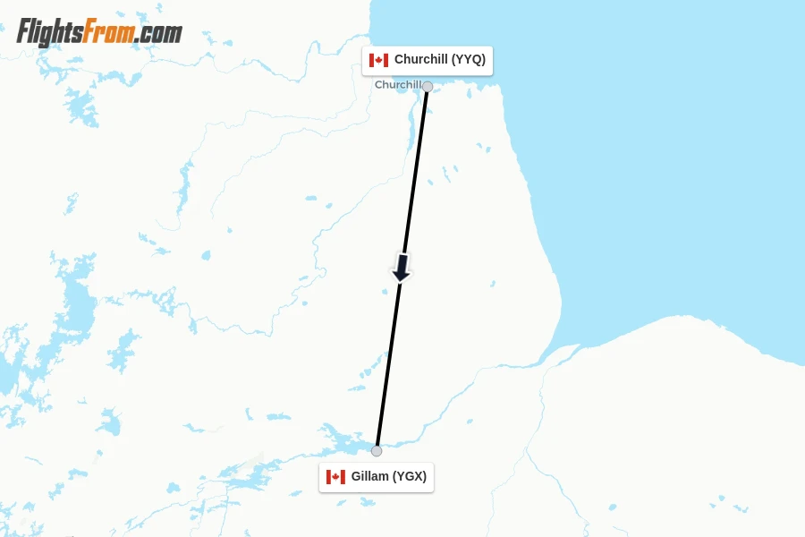 Flights from Churchill to Gillam route map