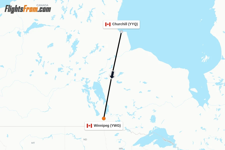 Flights from Churchill to Winnipeg route map