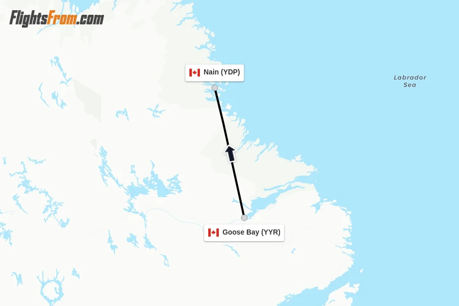 Flights from Goose Bay to Nain route map