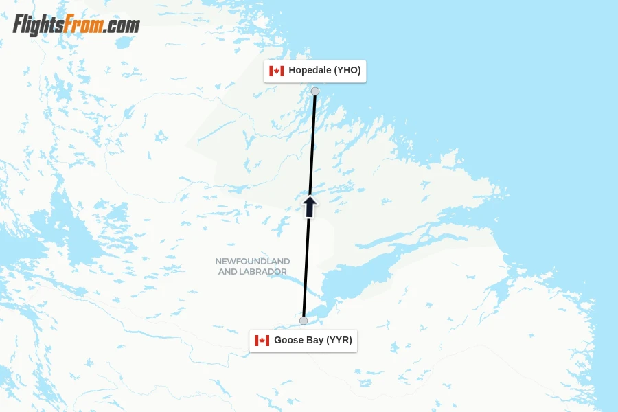 Flights from Goose Bay to Hopedale route map