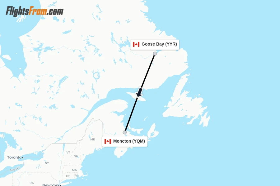Flights from Goose Bay to Moncton route map