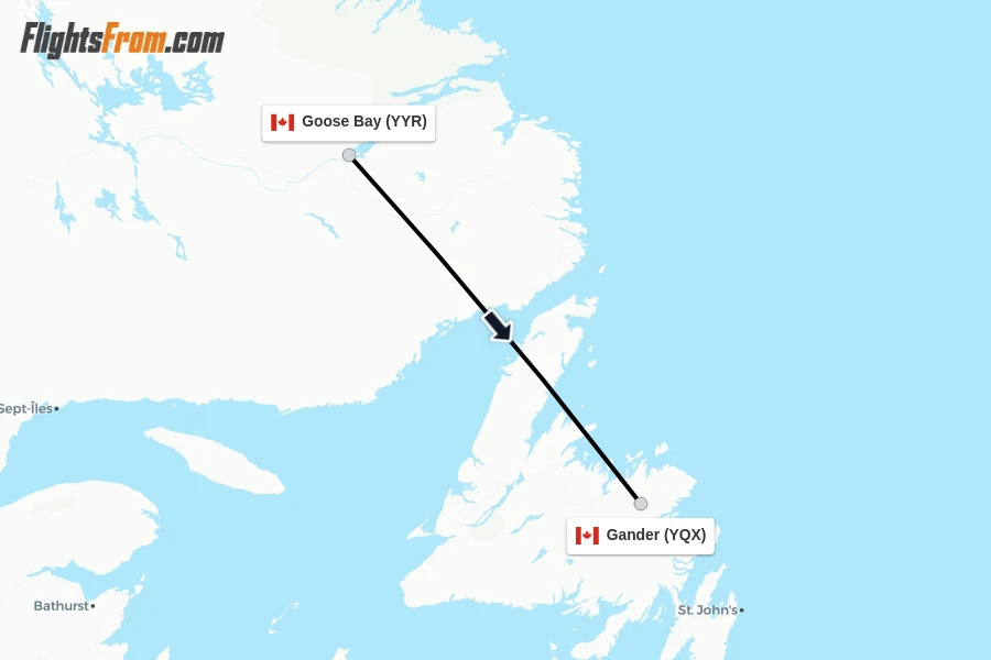 Flights from Goose Bay to Gander route map