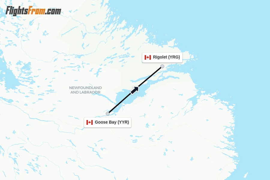 Flights from Goose Bay to Rigolet route map