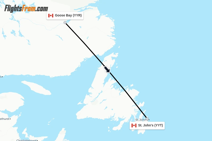 Flights from Goose Bay to St. John's route map