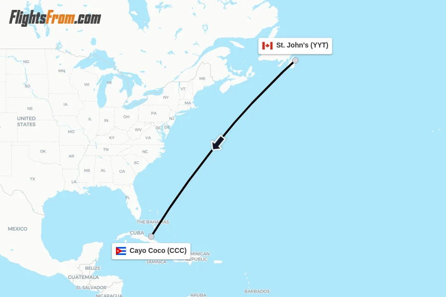 Flights from St. John's to Cayo Coco route map