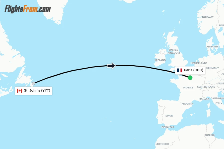 Flights from St. John's to Paris route map