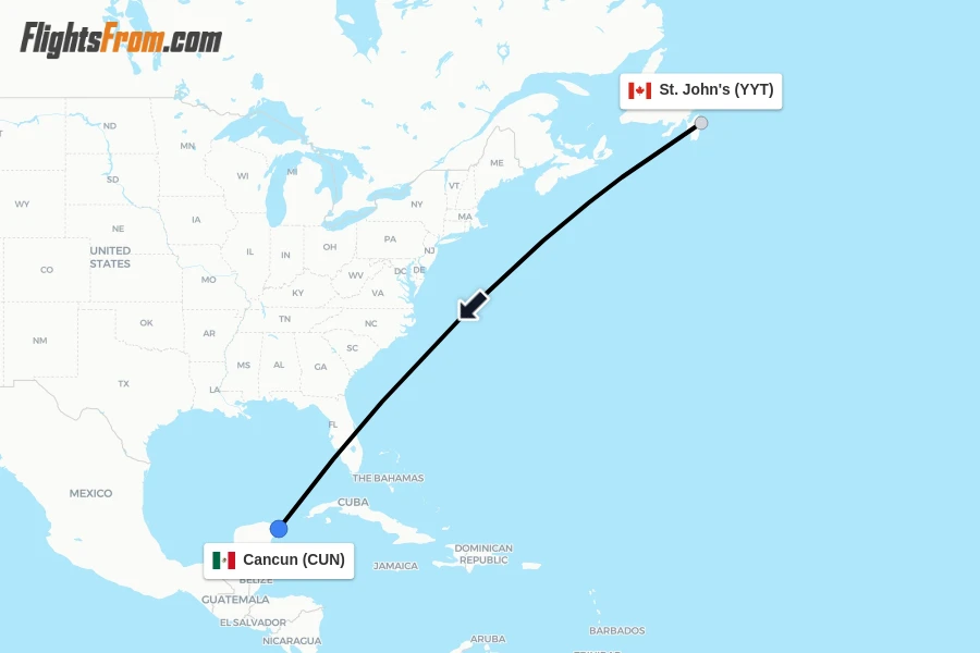 Flights from St. John's to Cancun route map
