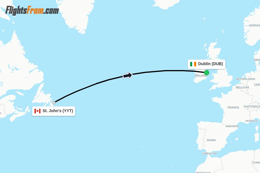 Flights from St. John's to Dublin route map