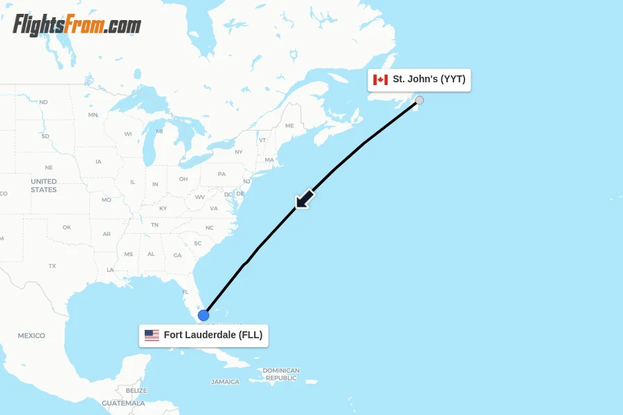 Flights from St. John's to Fort Lauderdale route map