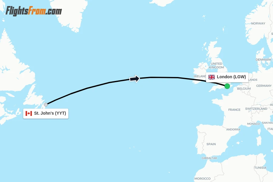 Flights from St. John's to London route map