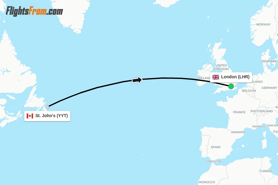 Flights from St. John's to London route map