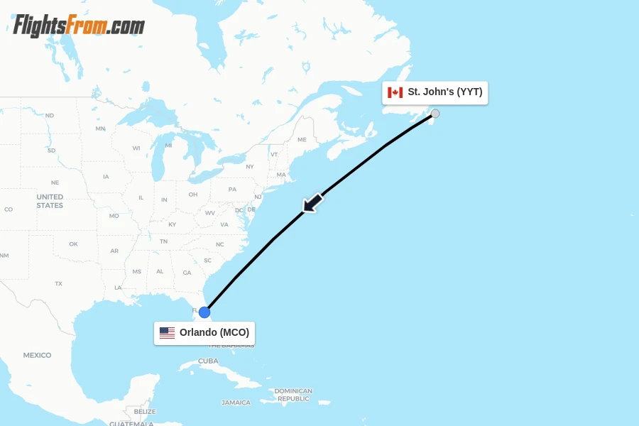 Flights from St. John's to Orlando route map