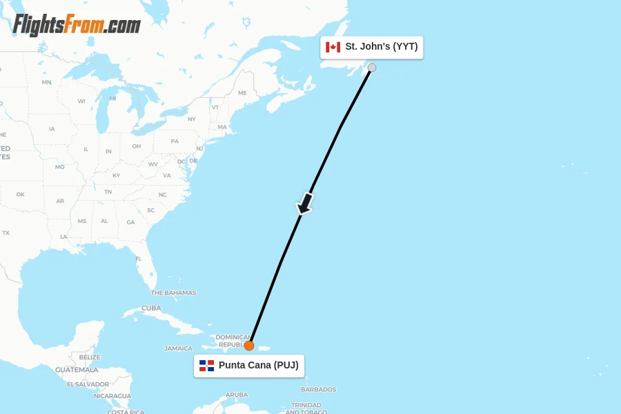 Flights from St. John's to Punta Cana route map