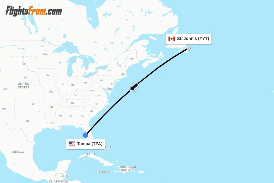 Flights from St. John's to Tampa route map