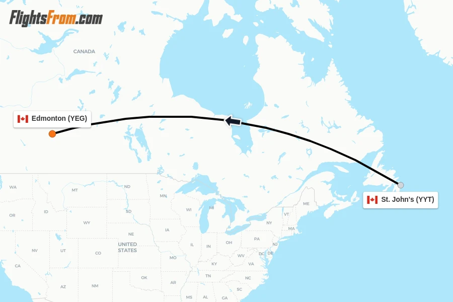 Flights from St. John's to Edmonton route map