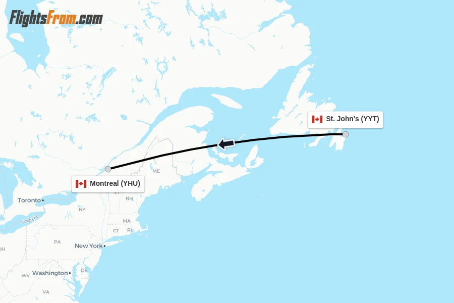Flights from St. John's to Montreal route map