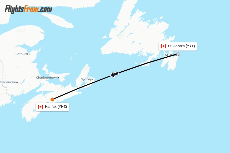 Flights from St. John's to Halifax route map