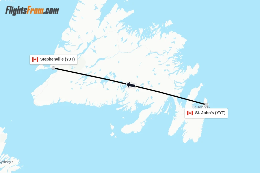 Flights from St. John's to Stephenville route map