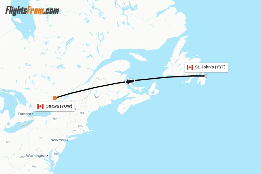 Flights from St. John's to Ottawa route map