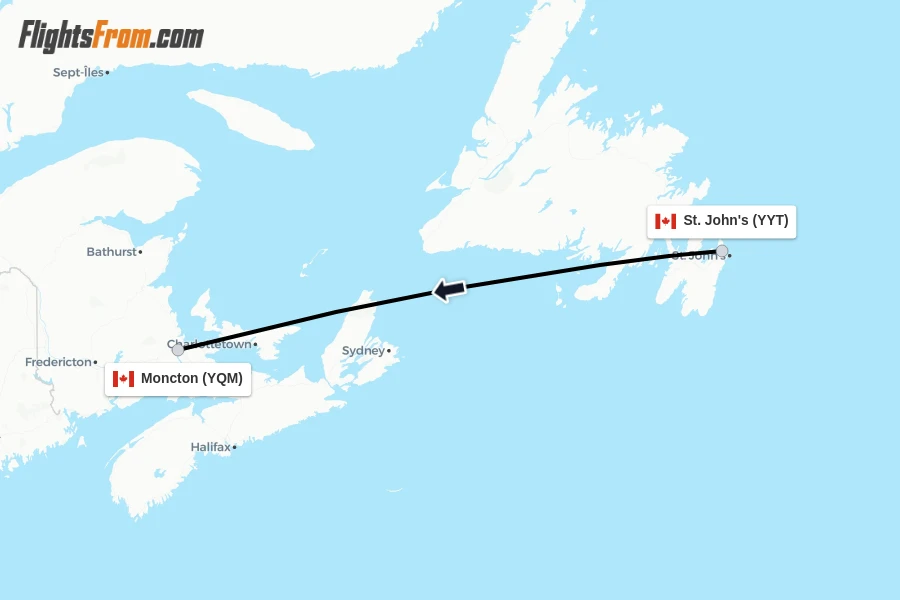 Flights from St. John's to Moncton route map