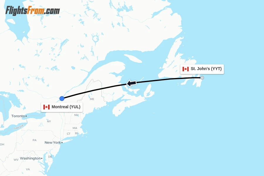 Flights from St. John's to Montreal route map