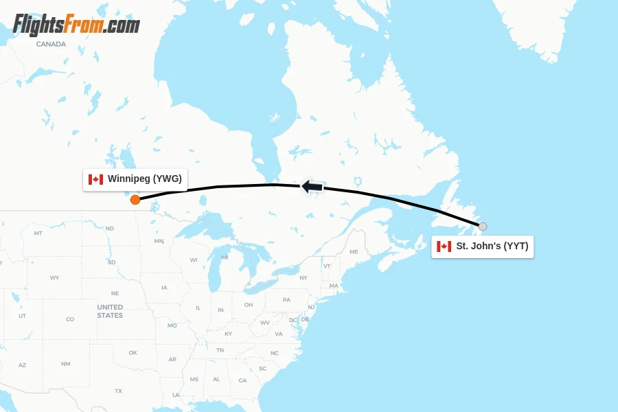 Flights from St. John's to Winnipeg route map
