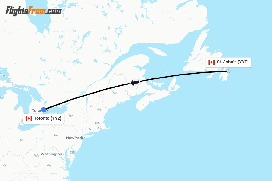 Flights from St. John's to Toronto route map