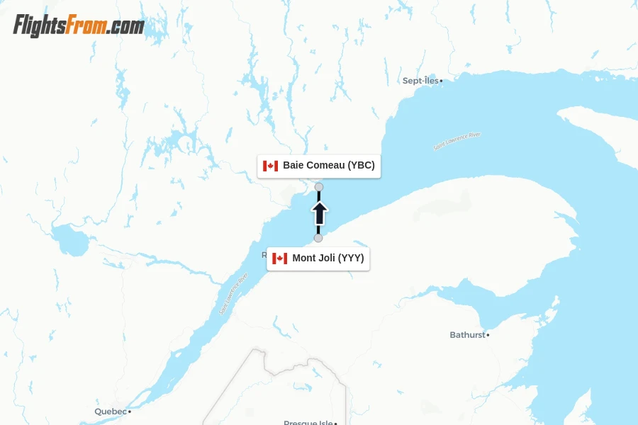 Flights from Mont Joli to Baie Comeau route map