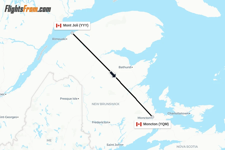 Flights from Mont Joli to Moncton route map