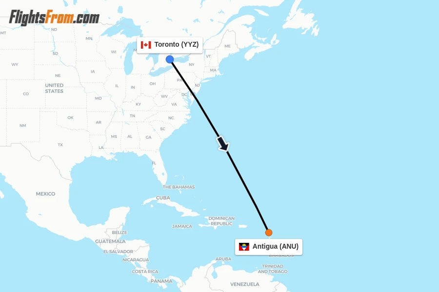 Flights from Toronto to Antigua route map