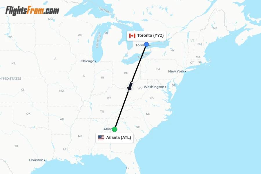 Flights from Toronto to Atlanta route map