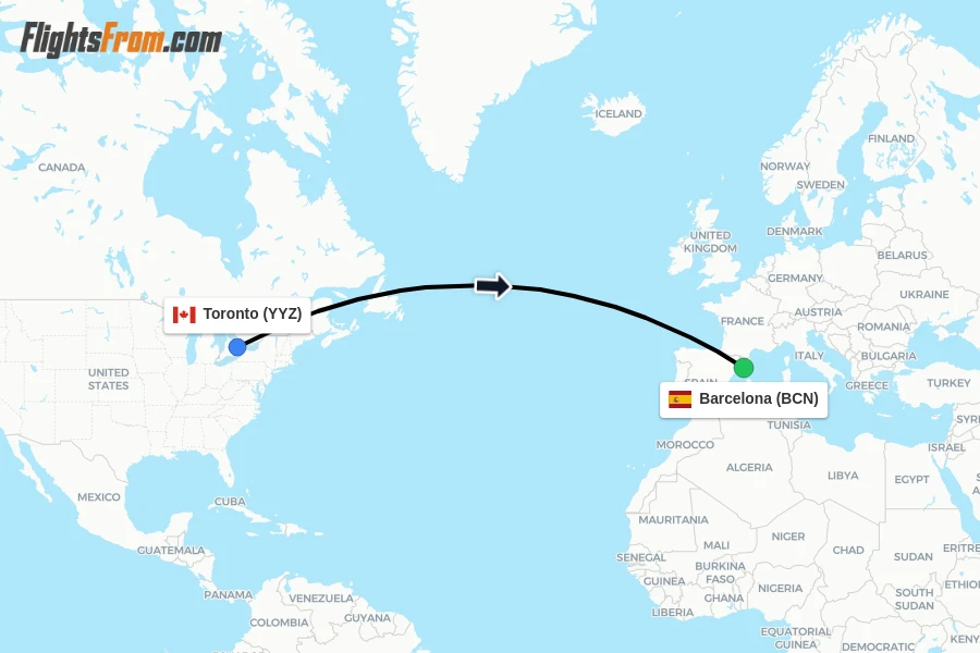 Flights from Toronto to Barcelona route map
