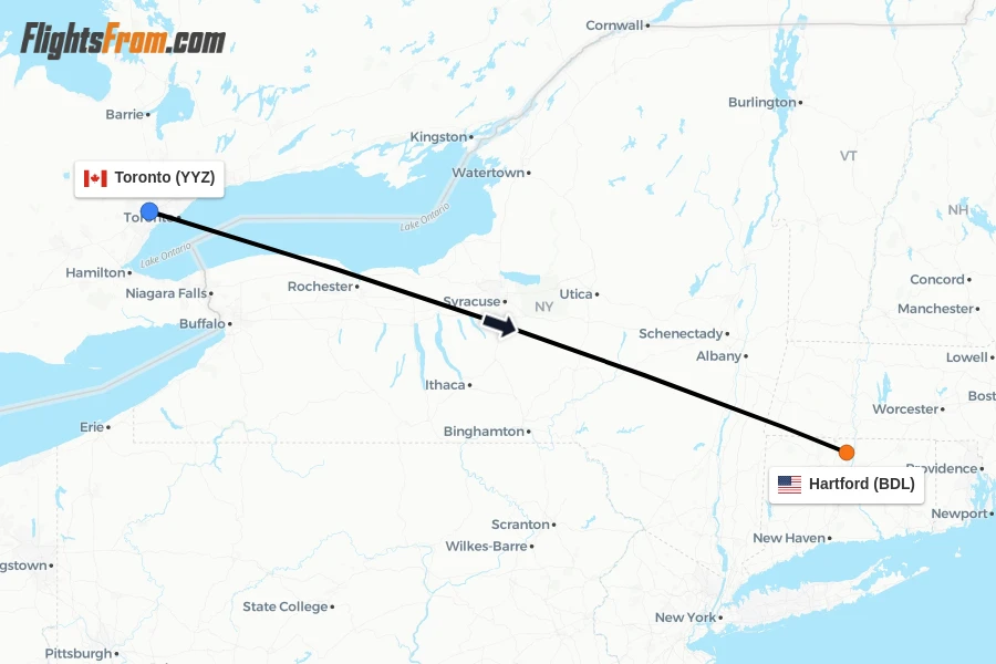 Flights from Toronto to Hartford route map