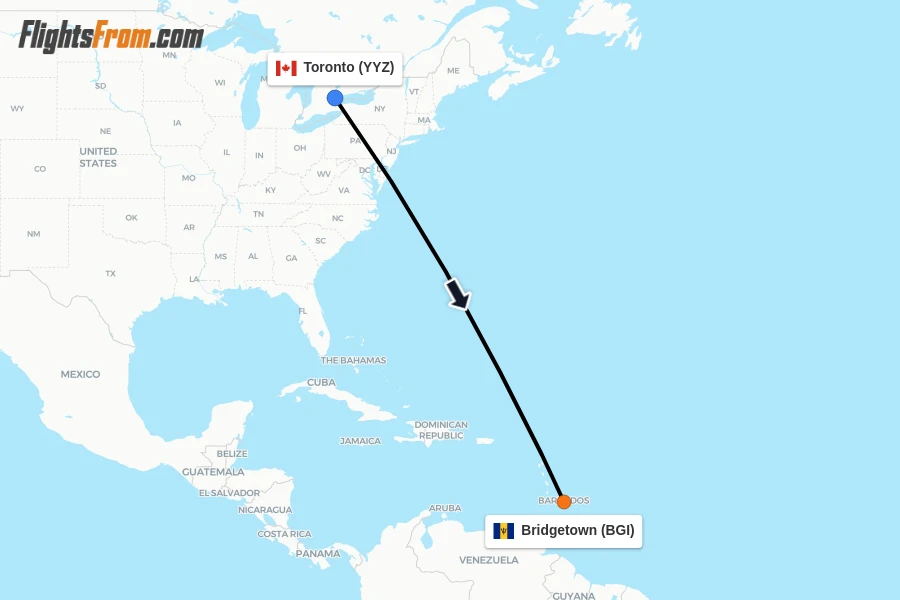 Flights from Toronto to Bridgetown route map