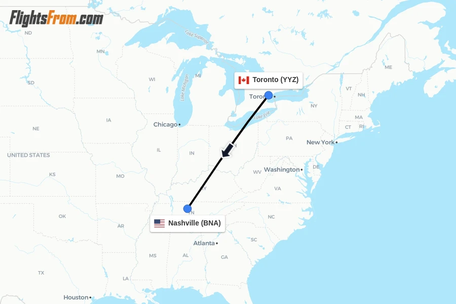 Flights from Toronto to Nashville route map