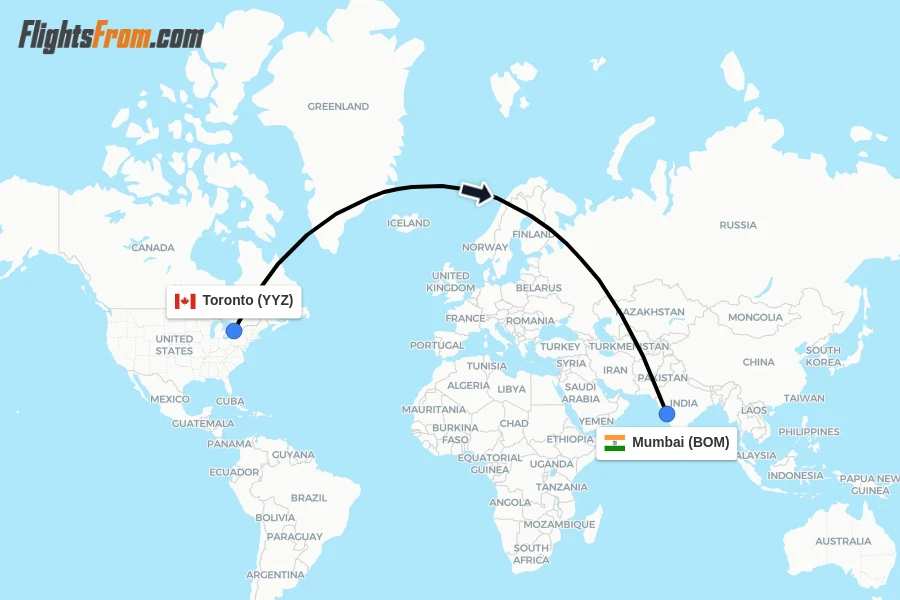 Flights from Toronto to Mumbai route map