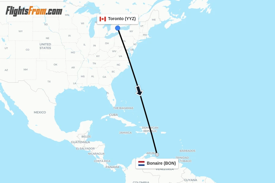 Flights from Toronto to Bonaire route map