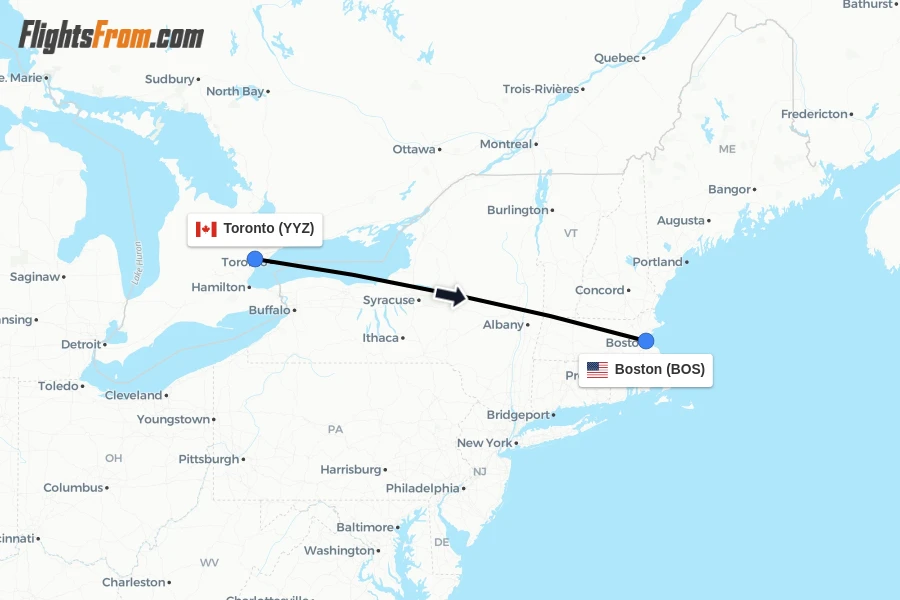 Flights from Toronto to Boston route map