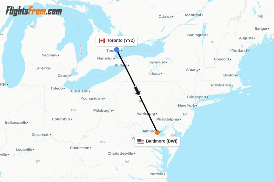 Flights from Toronto to Baltimore route map