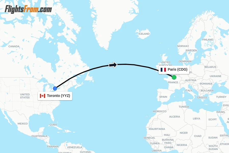 Flights from Toronto to Paris route map
