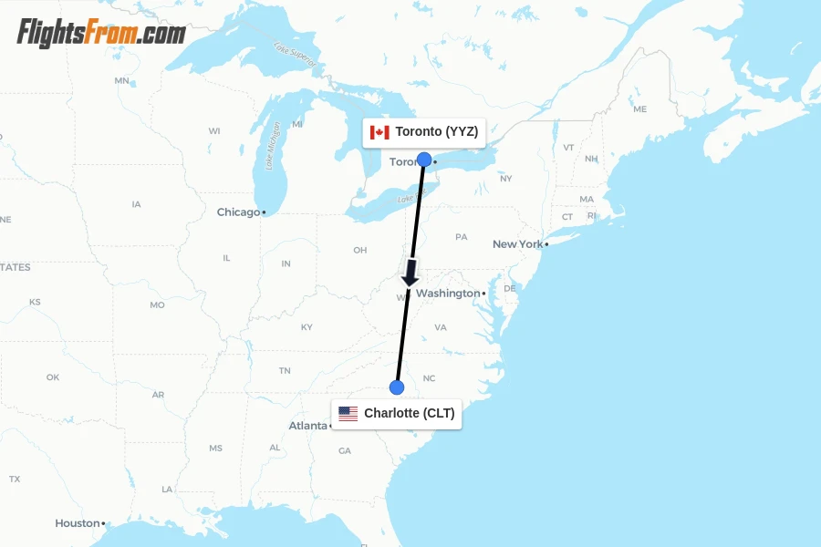 Flights from Toronto to Charlotte route map