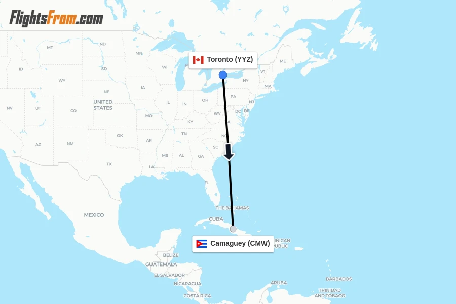 Flights from Toronto to Camaguey route map
