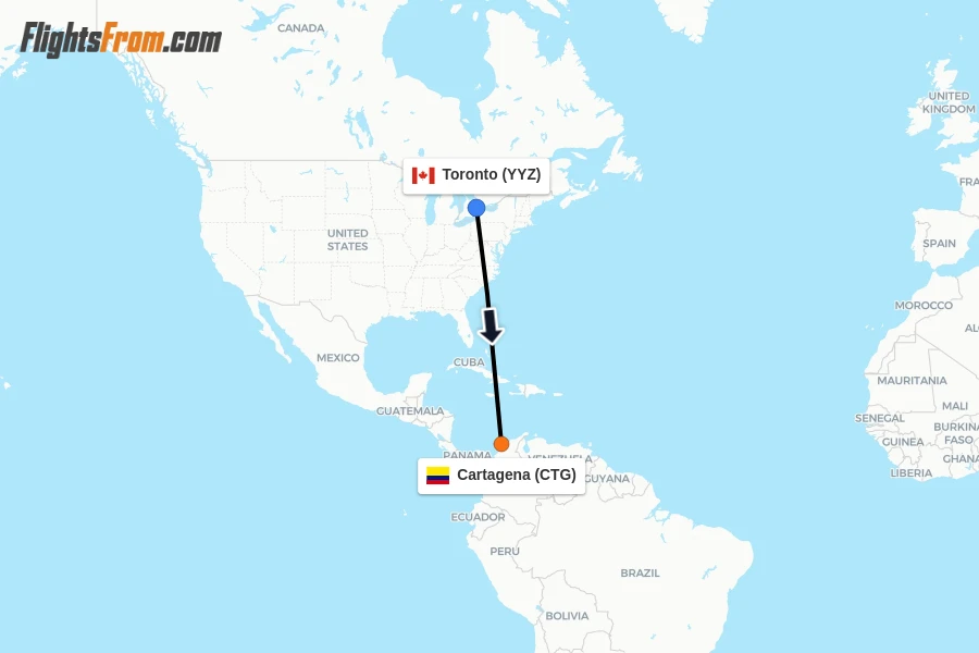 Flights from Toronto to Cartagena route map