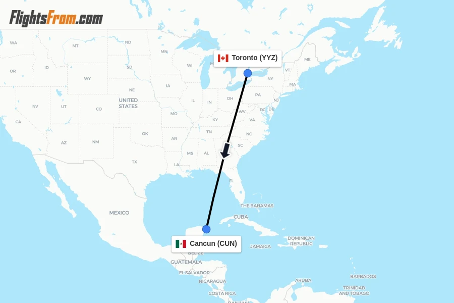 Flights from Toronto to Cancun route map