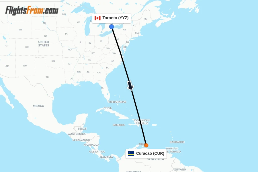Flights from Toronto to Curacao route map